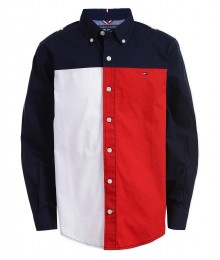 Tommy Hilfiger Blue/Red/White Color Block Hilfiger On Back L/S Shirt 